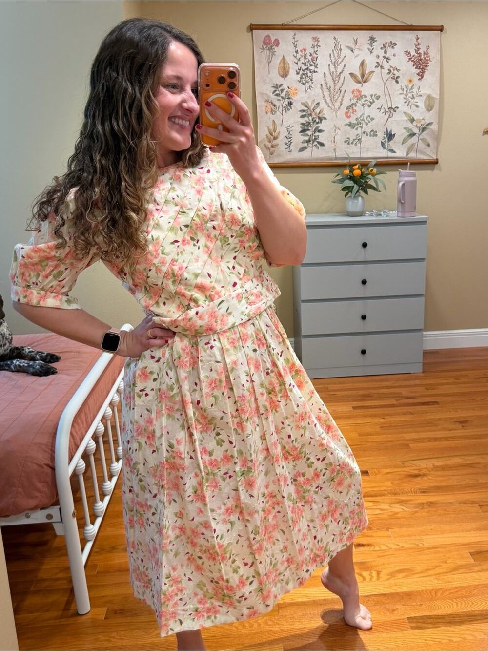 Vintage Union Made Richard Warren Floral Midi Dress in Cream and Pink Small